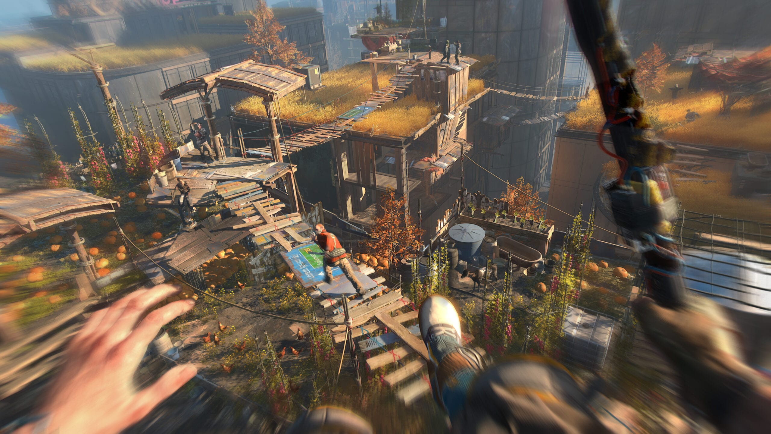first person view of parkouring into a rooftop garden